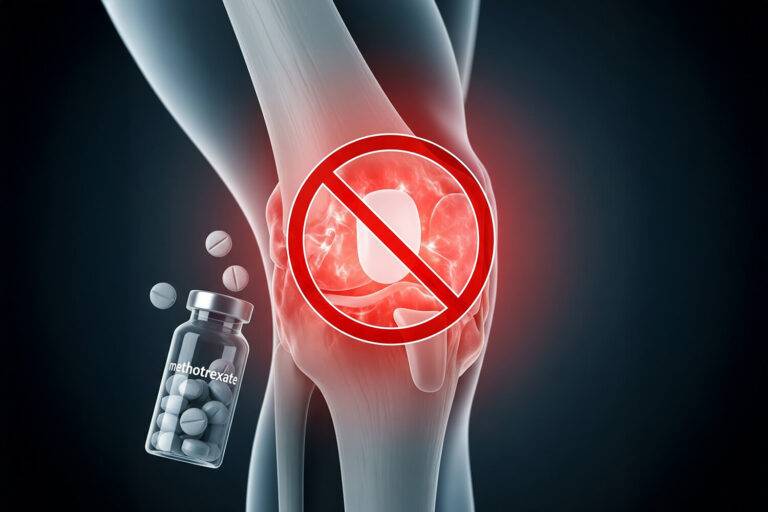 Radiographie d’un genou arthrosique et plaquettes de méthotrexate, illustrant l’absence d’efficacité du traitement