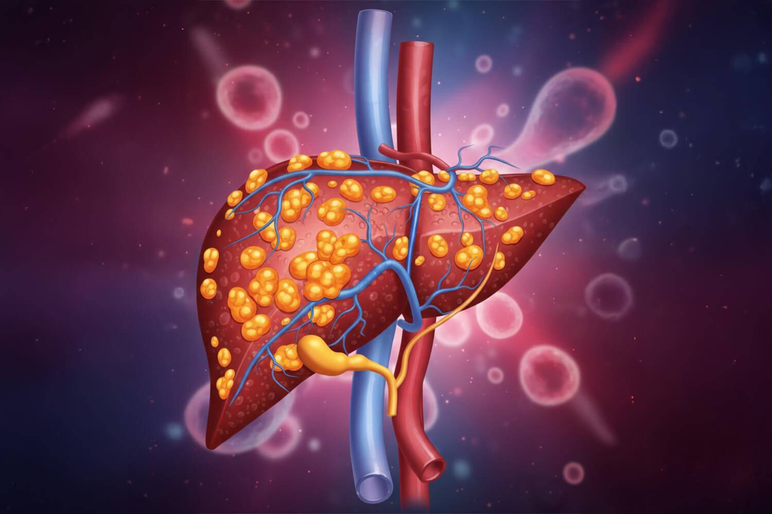Diagram van de progressie van metabole leververvetting (MASLD) naar fibrose en het verband met metabole afwijkingen.