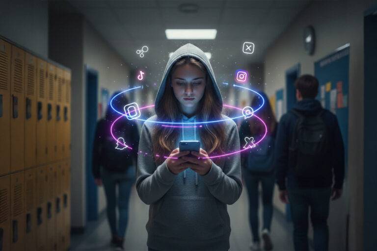 Algoritmen van sociale netwerken versterken psychische problemen bij jongeren door constante aandachtscaptatie.