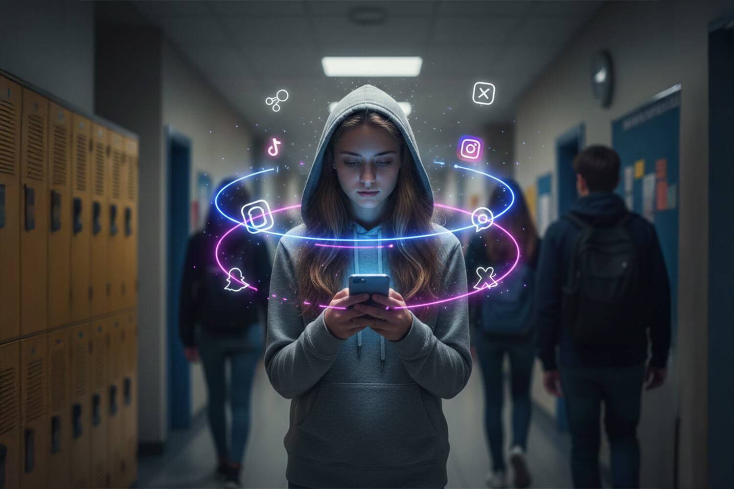 Algoritmen van sociale netwerken versterken psychische problemen bij jongeren door constante aandachtscaptatie.