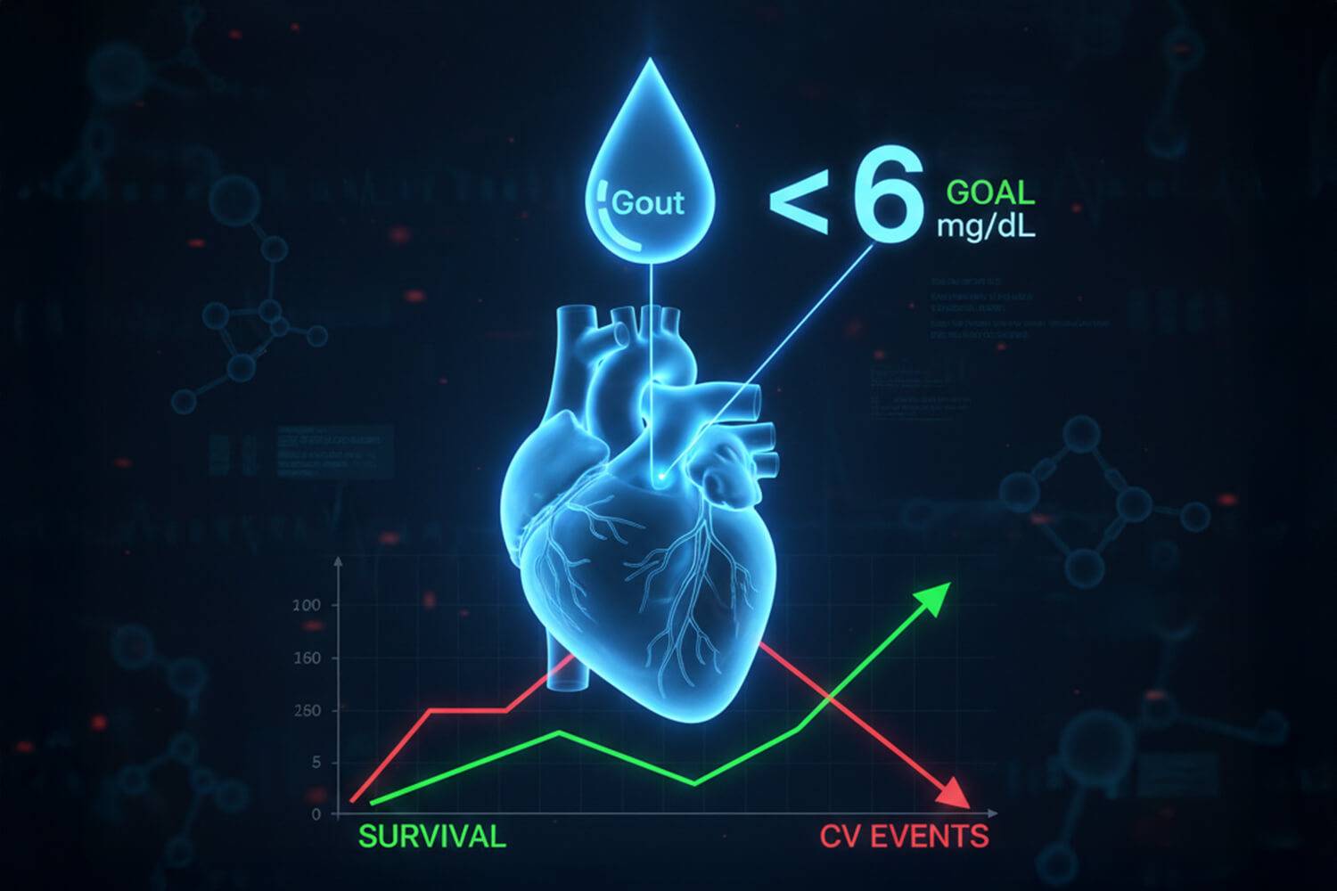 Le maintien d'un taux d'acide urique inférieur à 6 mg/dl réduit le risque d'événements cardiovasculaires majeurs chez les patients goutteux.