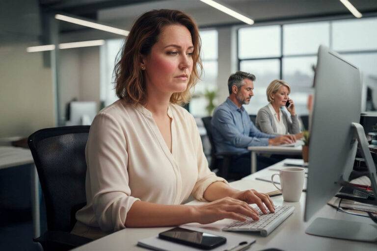 Een vrouw op het werk die vermoeidheid en mentale uitputting uitdrukt, de meest voorkomende symptomen van de perimenopauze.