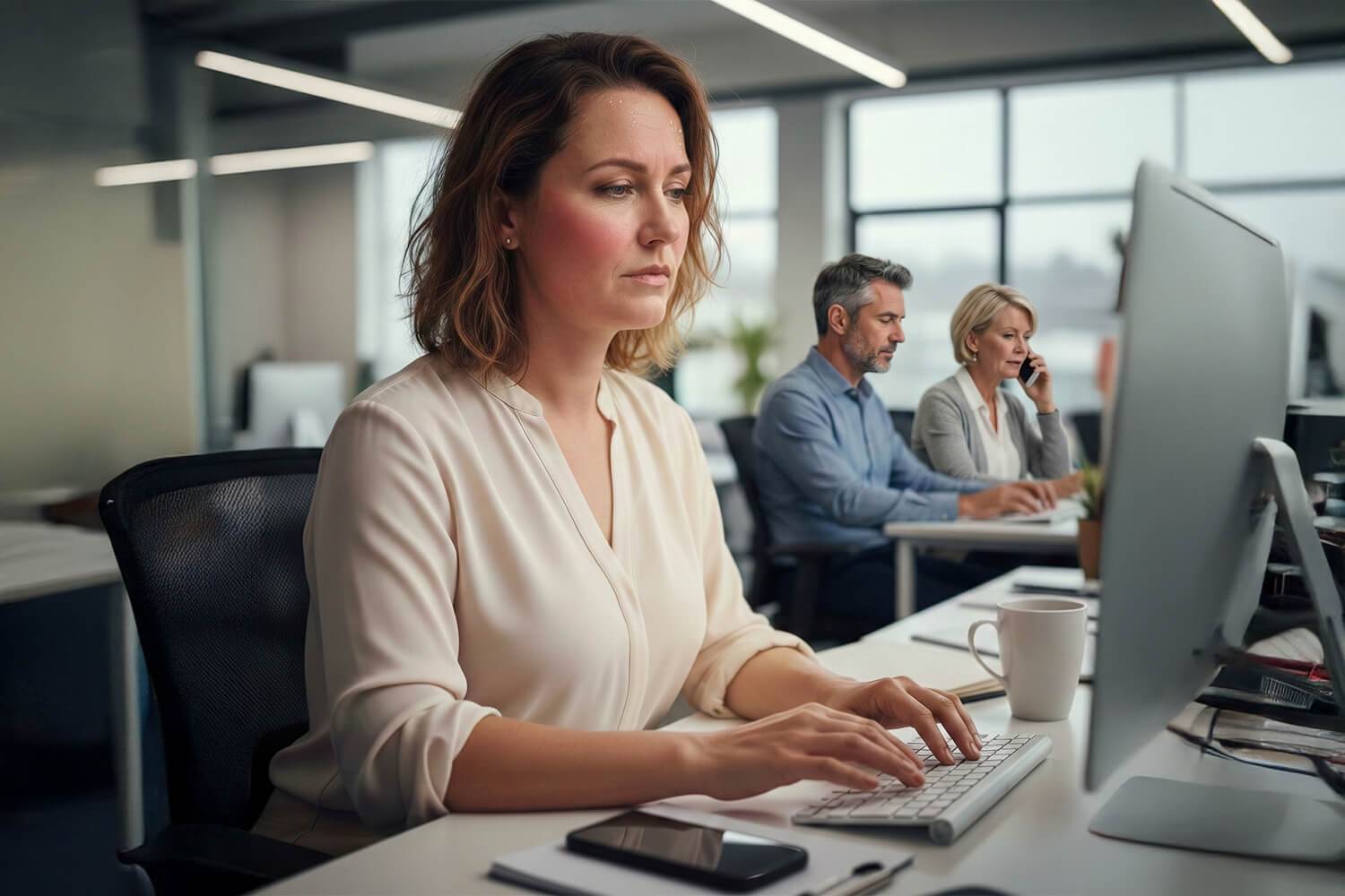 Een vrouw op het werk die vermoeidheid en mentale uitputting uitdrukt, de meest voorkomende symptomen van de perimenopauze.