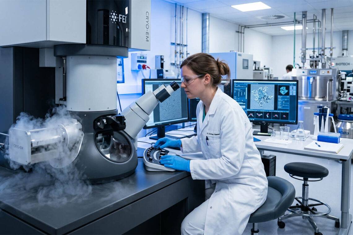 Weergave via cryo-elektronenmicroscopie van de rol van watermoleculen in het mechanisme van de transcriptie van DNA naar RNA.