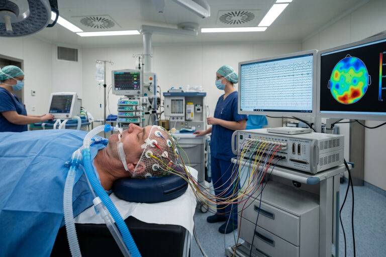 Hersenactiviteit tijdens narcose in kaart gebracht: hoe EEG-monitoring helpt om anesthesie dichter bij natuurlijke slaap te brengen en hersenfuncties te beschermen.