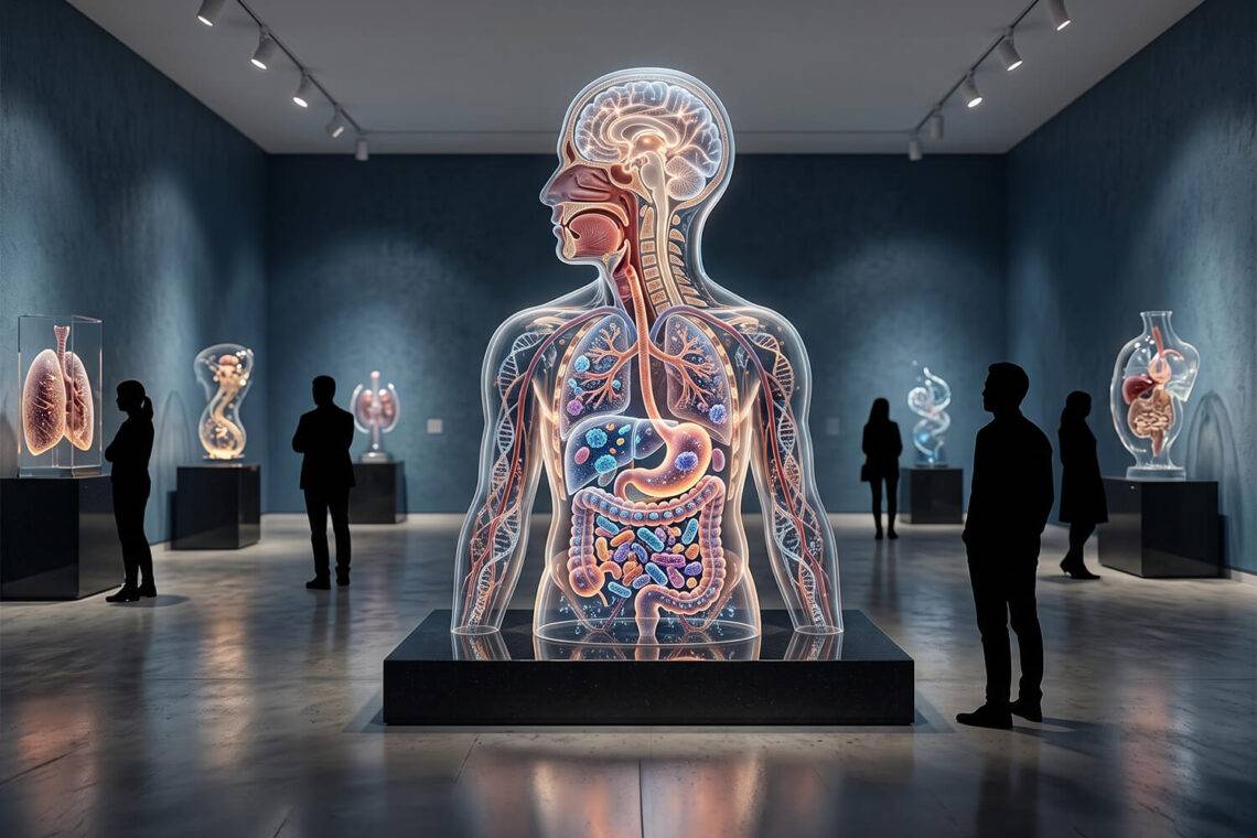 Medische beeldvorming en hedendaagse kunst: illustratie van de versmelting tussen biotechnologie, MRI en artistieke expressie van het leven.