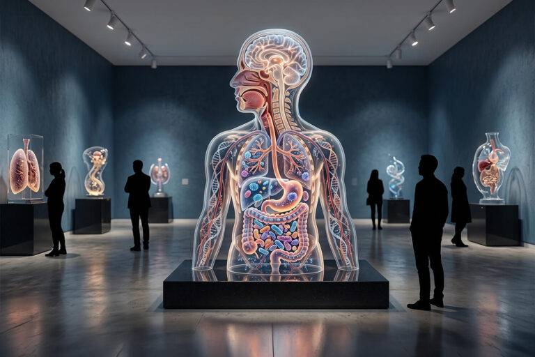 Medische beeldvorming en hedendaagse kunst: illustratie van de versmelting tussen biotechnologie, MRI en artistieke expressie van het leven.