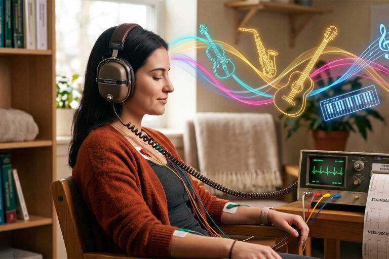 Neurowetenschappen en muziektherapie: illustratie van de impact van muziek op neuroplasticiteit, geheugen en emotieregulatie.